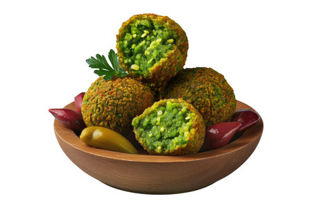 Taameya Egyptian falafel balls made from chickpeas or fava beans, isolated on white transparent background, concept of ethnic Arabic foodの素材