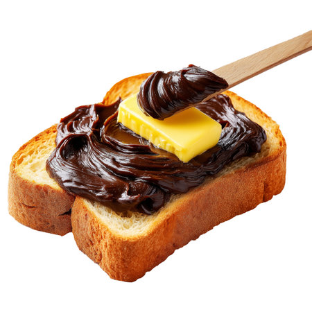 Toast with chocolate spread and butter on a wooden spoon isolated on white backgroundの素材