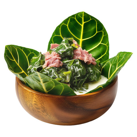 Lu Pulu corned beef cooked in coconut milk in taro leaves in wooden bowl, isolated on white transparent background, concept of traditional Polynesian foodの素材