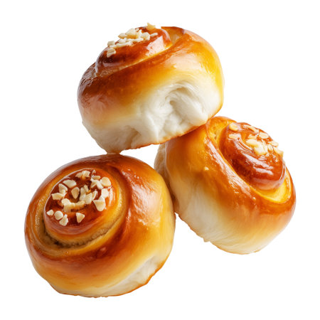 Panipopo sweet rolls baked in coconut milk with golden crust isolated on white transparent background, concept of bakery and food freshnessの素材