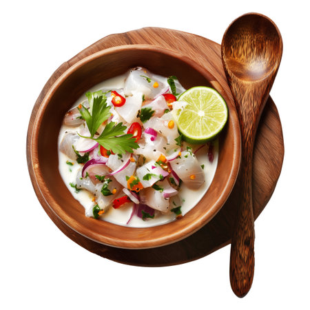 Oka Ia ceviche with raw fish, herbs, onions, and chili served in wooden bowl isolated on white transparent background, concept of traditional Polynesian cuisineの素材