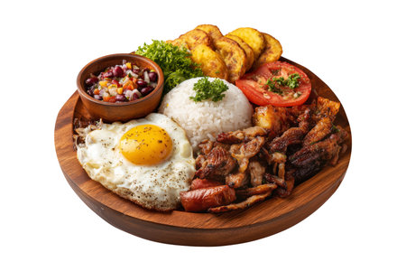 Latin American Bandeja Paisa meal with rice, fried egg, meats, beans, and plantains served on wooden plate isolated on white transparent background. Colombia and Venezuela cuisineの素材