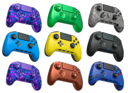 Collection of gaming controllers with different colors and designs for gaming enthusiasts isolated...