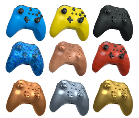Collection of gaming controllers with different colors and designs for gaming enthusiasts isolated...
