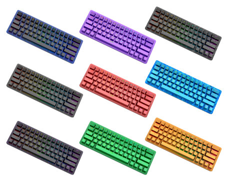Collection of mechanical keyboards isolated on white background with clipping path. 3D rendering of...