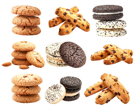 Collection of different cookies and biscuits including chocolate chip, sandwich, square and round types on white backgroundの素材