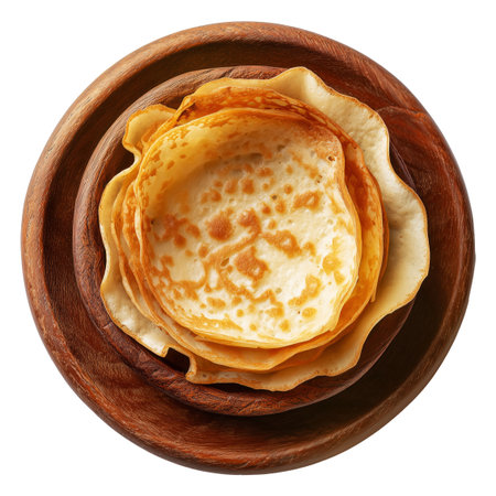 Sago Pancakes thin crepes or stack of pancakes topped with powdered sugar on wooden plate, isolated on white transparent background, Papua New Guinea breakfastの素材