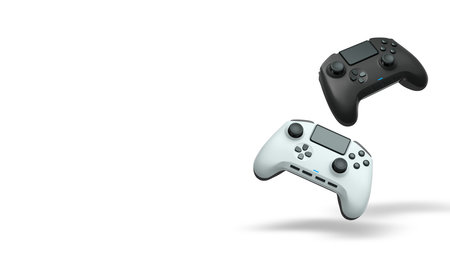 Wireless gaming controllers flying in air isolated on white background with clipping path, symbolizing gaming technology concept.の写真素材