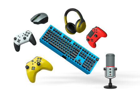 Gaming accessories including controllers, mouse, headphones, and mic isolated on white background...