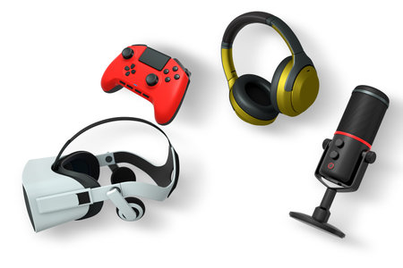 Gaming accessories like headphones, VR headset, mic, mouse, and controller isolated on white...