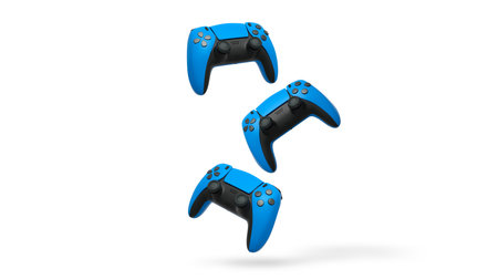 Wireless gaming controllers flying in air isolated on white background with clipping path,...