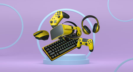Gaming and streaming accessories including RGB keyboard, headphones, mouse, joystick and VR glasses...