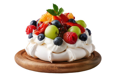 Australia pavlova Meringue dessert with crisp crust and fresh berries, fruits, and mint leaves on wooden plate, isolated on white transparent backgroundの素材