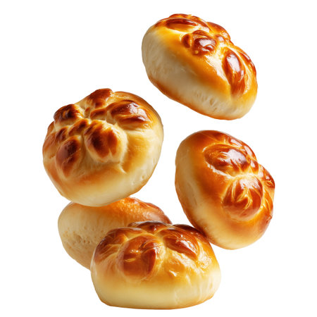 Panipopo sweet rolls baked in coconut milk with golden crust isolated on white transparent background, concept of bakery and food freshnessの素材