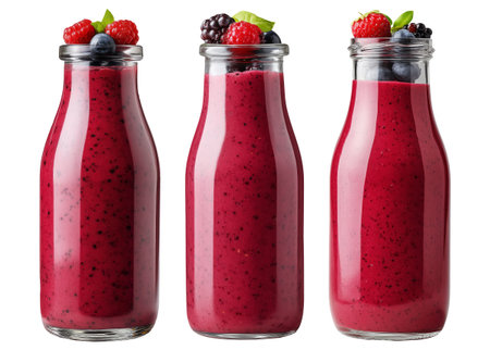 Glass bottle filled with dark red berry smoothie surrounded by strawberries, raspberries, blueberries, and green leaves isolated on white transparent backgroundの素材