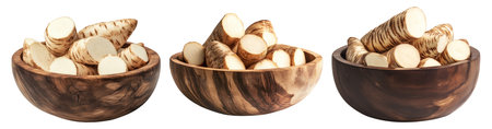 Freshly cut taro root pieces in wooden bowl isolated on white transparent background. Concept of organic food, tropical vegetables, and healthy nutritionの素材