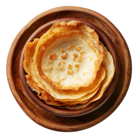 Sago Pancakes thin crepes or stack of pancakes topped with powdered sugar on wooden plate, isolated on white transparent background, Papua New Guinea breakfastの素材