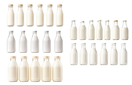 Set of Milk bottles with caps aligned in a row, isolated on white background. Concept of dairy products and freshness.の素材
