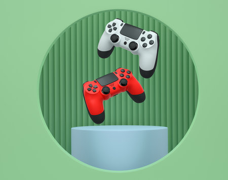 Colorful gaming controllers joystick levitating over podium against abstract background, minimalist concept device on pedestal.の写真素材