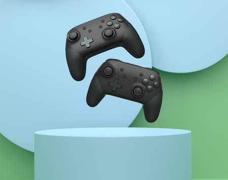 Colorful gaming controllers joystick levitating over podium against abstract background, minimalist...