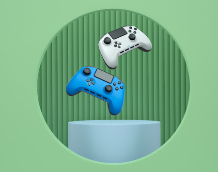 Colorful gaming controllers joystick levitating over podium against abstract background, minimalist concept device on pedestal.の写真素材