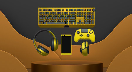 Gaming keyboard, mouse, controller, and headphones float in air on pastel background with...