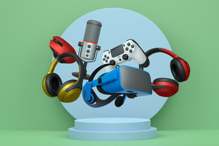 Collection of gaming gadgets like controllers, VR glasses, microphone and headphones over podium on...
