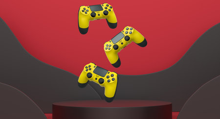 Colorful gaming controllers joystick levitating over podium against abstract background, minimalist...