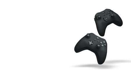 Wireless gaming controllers flying in air isolated on white background, symbolizing gaming...