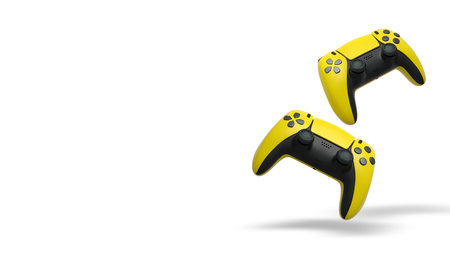 Wireless gaming controllers flying in air isolated on white background with clipping path,...