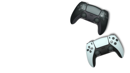 Wireless gaming controllers flying in air isolated on white background with clipping path,...