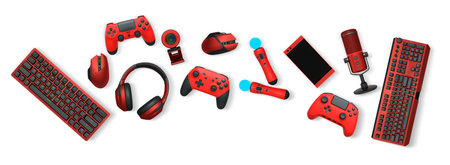 Gaming accessories like controllers, VR headset, headphones, keyboard, and microphone isolated on...