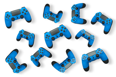 Wireless gaming controllers flying in air isolated on white background with clipping path,...