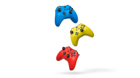 Wireless gaming controllers flying in air isolated on white background with clipping path,...