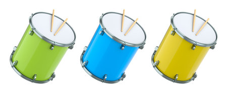 Set of drums and wooden drum sticks on white background. 3d render concept of musical instrument, drum machine.の写真素材