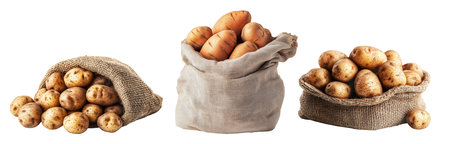 Potatoes in a burlap sack, isolated on white transparent background, concept of harvest.の素材
