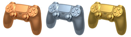 Collection of gaming controllers with different colors and designs for gaming enthusiasts isolated...
