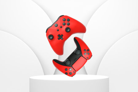 Colorful gaming controllers joystick levitating over podium against abstract background, minimalist...