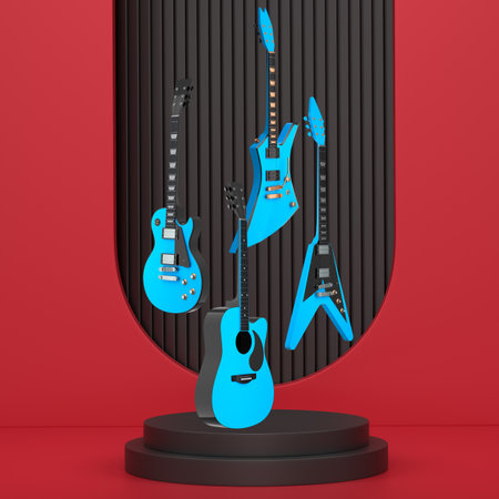 Various electric and acoustic guitars floating over podium on a pastel colorful abstract background.の写真素材