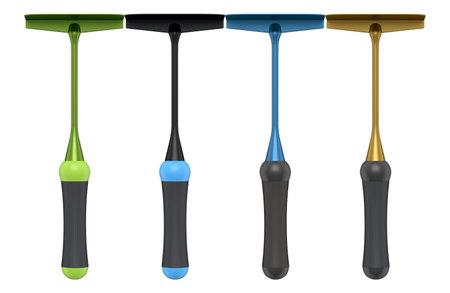 Garden hoes with wooden shafts and colorful handles isolated on white background, concept of...