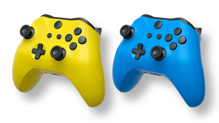 Wireless gaming controllers isolated on white background with clipping path, symbolizing gaming...