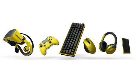 Floating gaming accessories like keyboard, mouse, controller, headset and VR goggles isolated on...