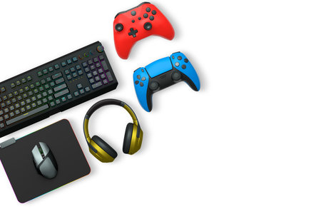 Gaming keyboard, mouse, controller, headset, and smartphone isolated on white transparent background...