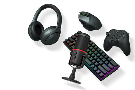 Gaming and streaming accessories including RGB keyboard, wireless mouse, headphones, mic, joystick...