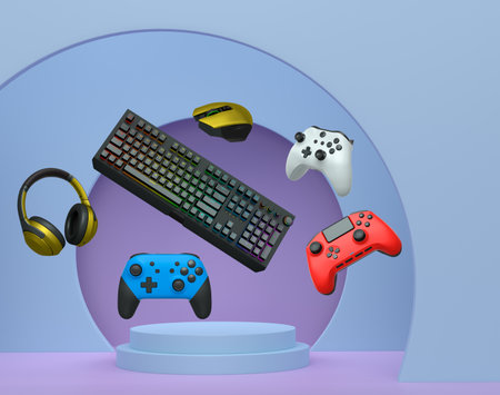 Gaming keyboard, mouse, controllers, and headphones floating above podium on abstract pastel...