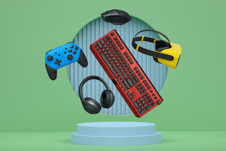 Gaming controllers, keyboard, headset, VR gear, and mouse floating above podium, digital art style,...