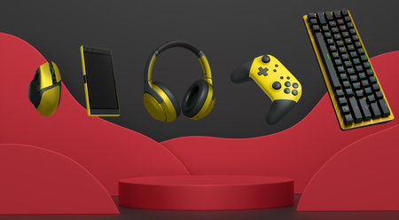 Gaming keyboard, mouse, controllers, phone and headphones floating above podium on abstract pastel...