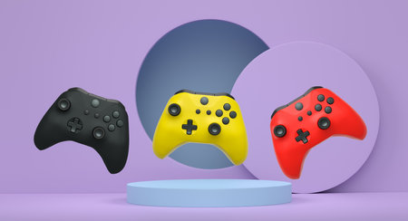 Colorful gaming controllers joystick levitating over podium against abstract background, minimalist...
