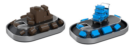Set of Airport luggage conveyor belt or baggage claim area with suitcases on white background. 3d...