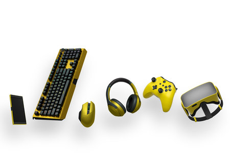 Gaming gadgets like keyboard, mouse, headphones, controller, and VR headset in digital style...
